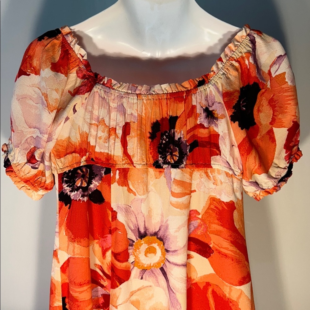 H&M SZ M Abstract Coral Floral Midi Dress Milkmaid Romantic Cottage Art to Wear - Picture 6 of 10